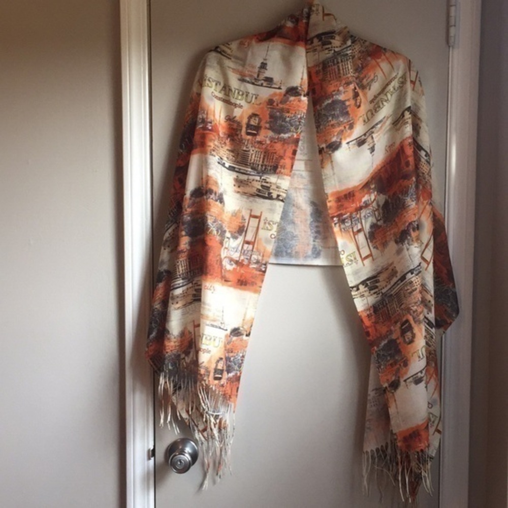 Women’s Lovely Orange & Cream Wrap or Scarf From Turkey With Fringe